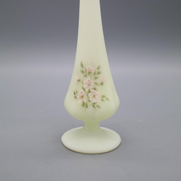 Fenton Yellow Satin Custard Glass Hand Painted Swung Vase Pink Blossoms Signed - Picture 4 of 10